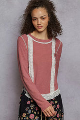 POL Contrast Round Neck Long Sleeve Ribbed Top with Eyelet Patch OutfitFlow